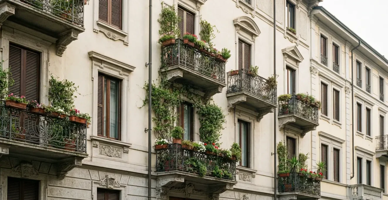 Facciata elegante palazzo residenziale milanese con balconi tipici