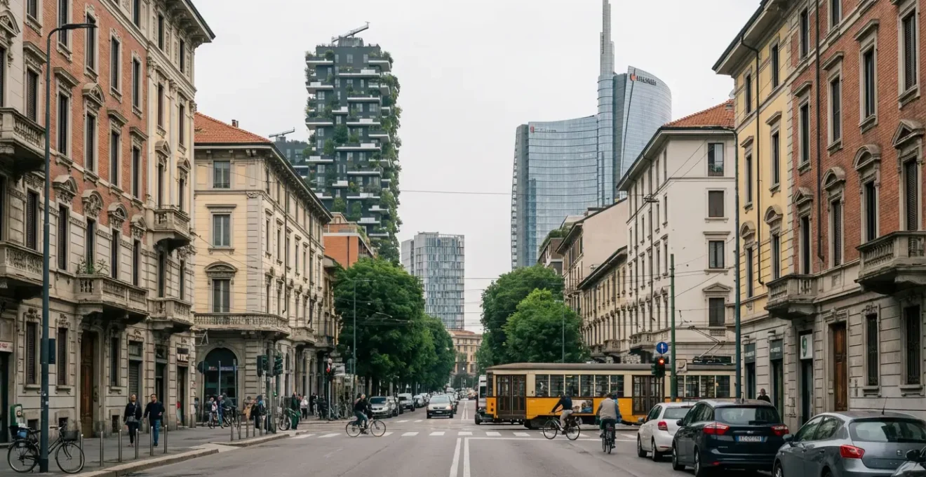 Vista panoramica quartiere residenziale Milano con palazzi storici e moderni