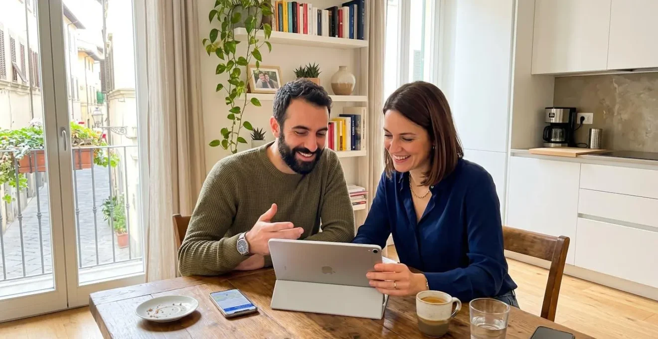 Coppia italiana di circa trentacinque anni seduta al tavolo di casa che consulta insieme uno schermo tablet con espressione concentrata, luce naturale da finestra