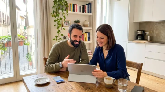 Coppia italiana di circa trentacinque anni seduta al tavolo di casa che consulta insieme uno schermo tablet con espressione concentrata, luce naturale da finestra