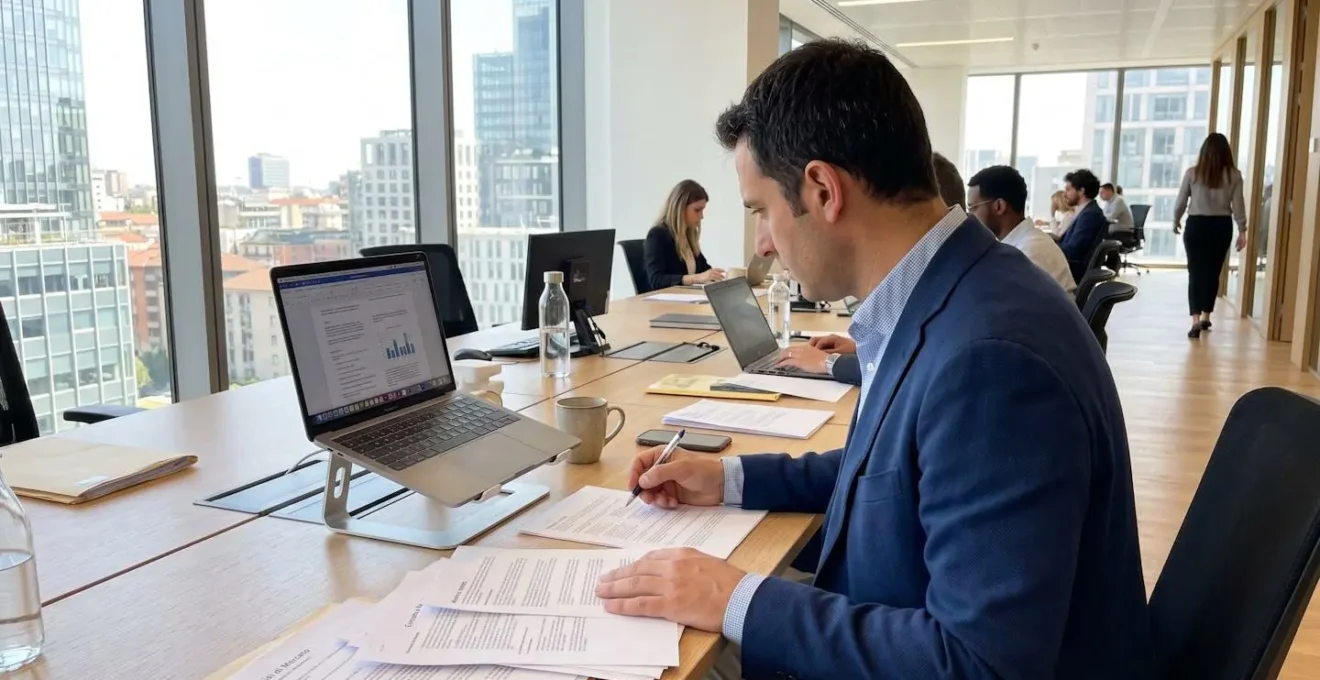 Professionista italiano tra trenta e quarantacinque anni che consulta documenti o tablet in ufficio luminoso moderno, inquadratura di schiena o profilo, postura naturale al lavoro