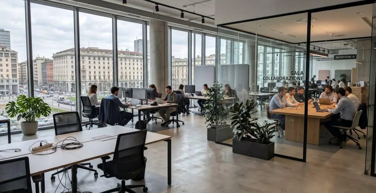 Inquadratura grandangolare di interno ufficio contemporaneo italiano con ampie vetrate, scrivania e area meeting visibili ma senza persone in primo piano, atmosfera professionale luminosa